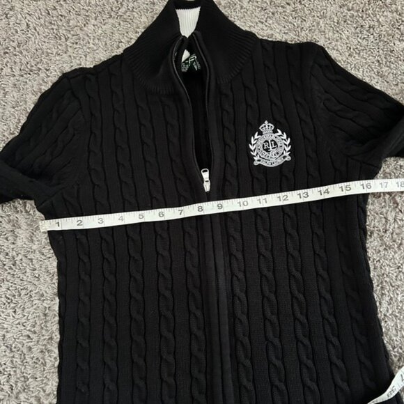 Ralph Lauren Black Cable Knit Full Zip Sweater Jacket RL Crest Logo vintage M - Picture 4 of 7